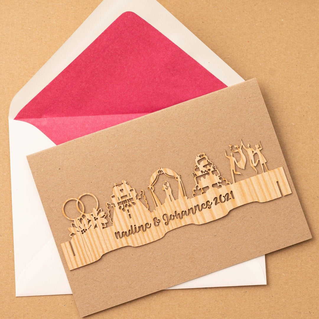 Hochzeitskarte Holz "Paar unterm Bogen", Hochzeitseinladung, Tischdekoration, Einladung Karte, Geschenk aus Holz