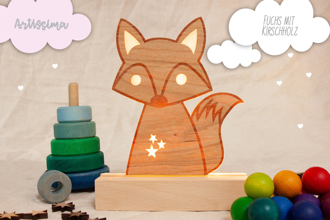 Personalisierte Nachttischlampe verschiedene Tiere  Holz mit Acrylkern im Holzständer