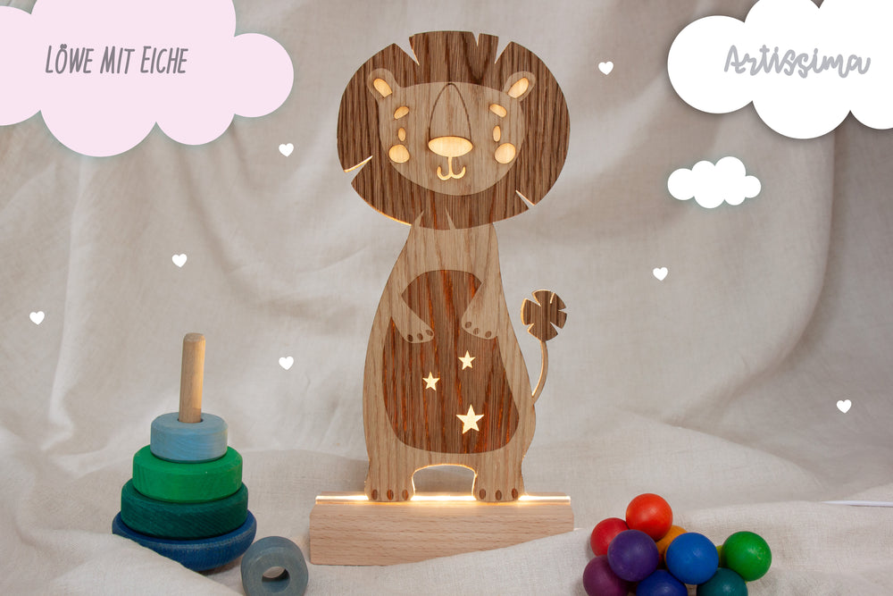 Personalisierte Nachttischlampe verschiedene Tiere  Holz mit Acrylkern im Holzständer