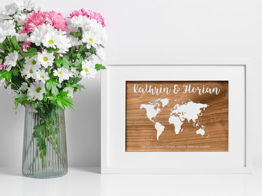 Personalisiertes Geldgeschenk mit Weltkarte im Bilderrahmen aus Holz mit echtem Glas, Hochzeit, Geburtstag, Geldgeschenke, Geldverpackung, Geld von Herzen verschenken