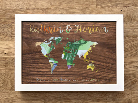 Personalisiertes Geldgeschenk mit Weltkarte im Bilderrahmen aus Holz mit echtem Glas, Hochzeit, Geburtstag, Geldgeschenke, Geldverpackung, Geld von Herzen verschenken