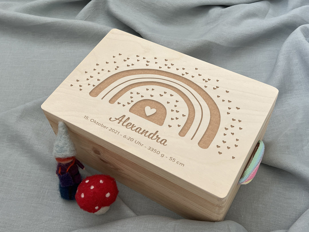 Regenbogen Groß | Erinnerungskiste Baby | Personalisierte Erinnerungsbox aus Holz | Geschenk Geburt, Taufe, Schwangerschaft, Babyparty, Kommunion